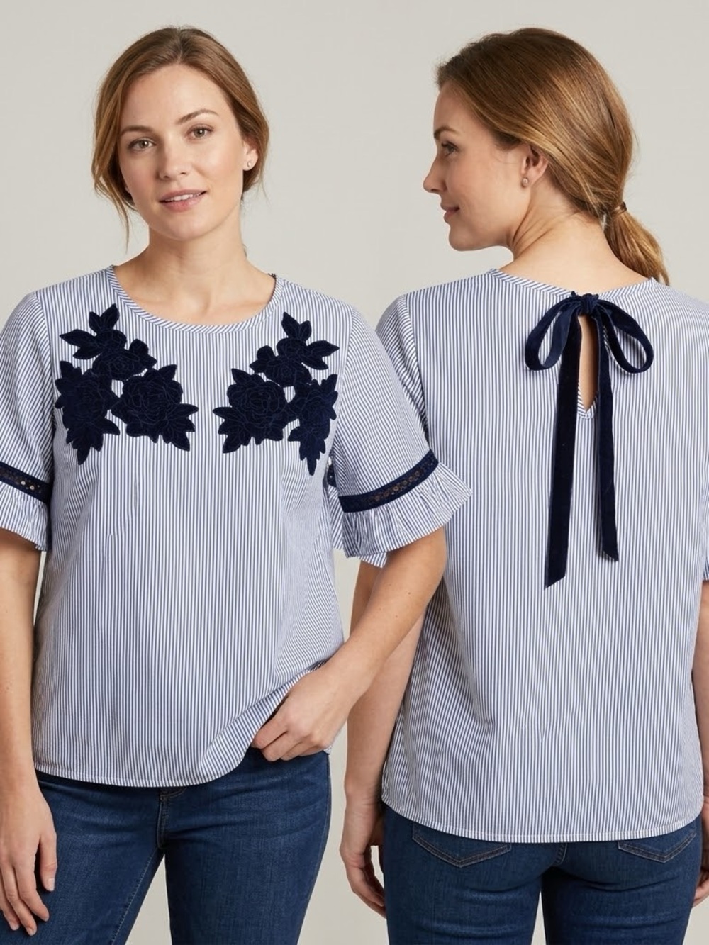 crown & ivy Blue & White PinStripe appliqué Tie-Back Blouse